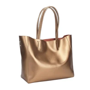 Sac Cabas Cuir Metallise Femme Or Vue Biais