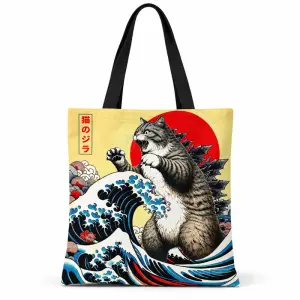 Tote Bag Artistique Lin Neko Zilla Vague Japonaise