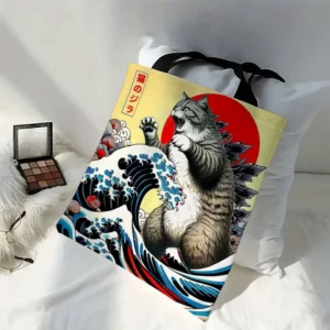 Tote bag lin illustré chat japonais vague hokusai Dimensions Carre 40cm