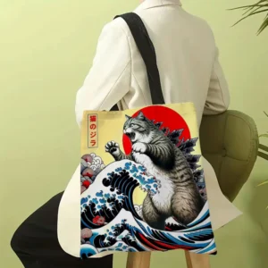 Tote bag lin illustré chat japonais vague hokusai Port Epaule