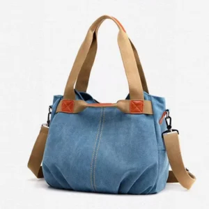 Grand Sac A Main Toile Canvas Vintage Modele Jane Bleu Ciel Vue Biais