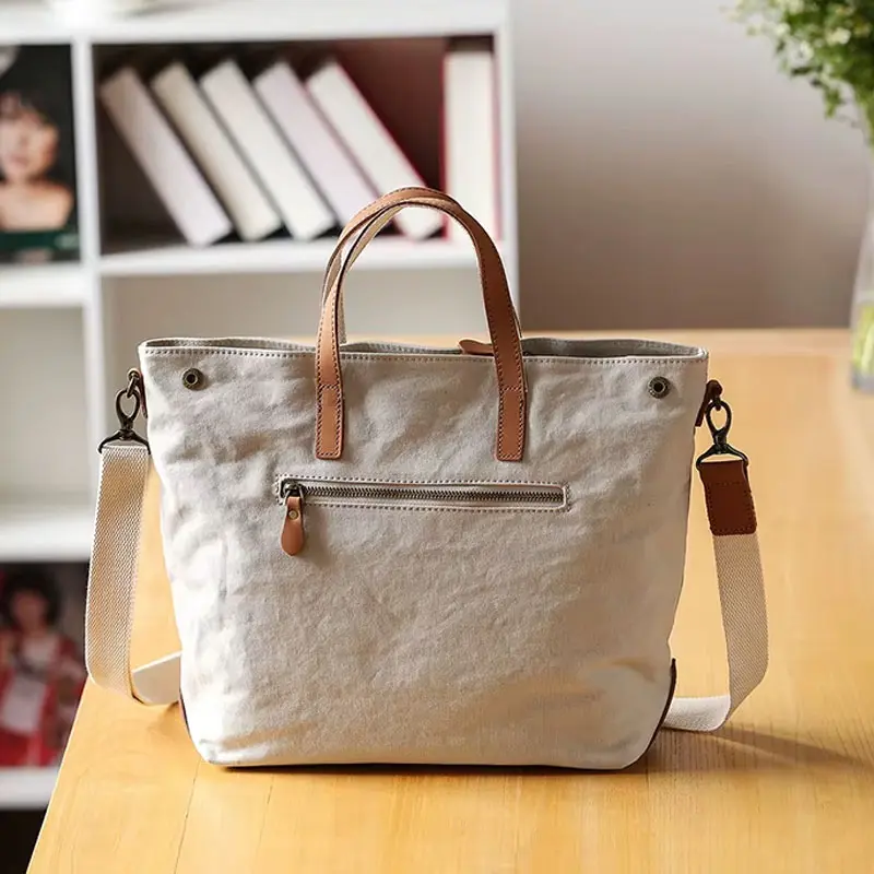 Sac Main Bandouliere Toile Cuir Modele Honoka Blanc Vue Arriere