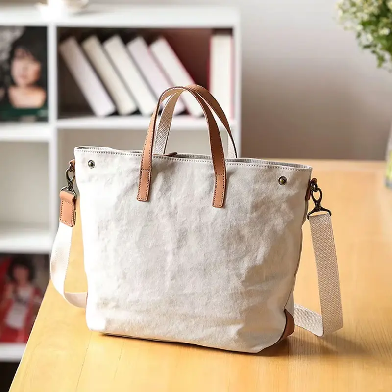 Sac Main Bandouliere Toile Cuir Modele Honoka Blanc Vue Biais
