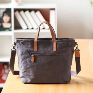 Sac Main Bandouliere Toile Cuir Modele Honoka Gris Vue Arriere