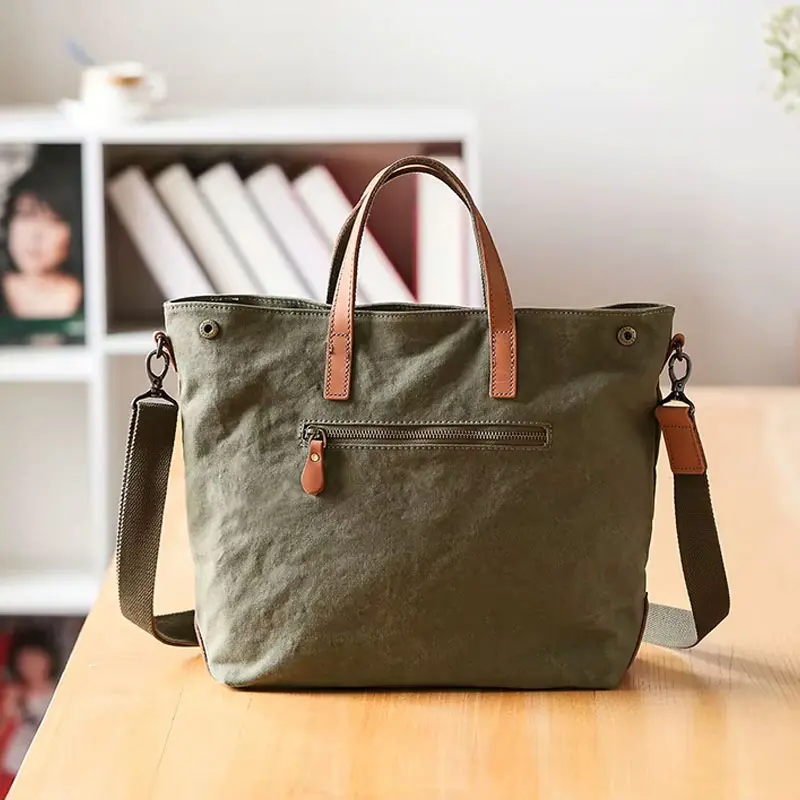 Sac Main Bandouliere Toile Cuir Modele Honoka Kaki Vue Arriere