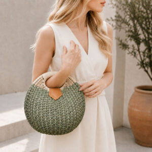 Sac A Main Rond Osier Tresse Modele Naos Kaki Portage Main