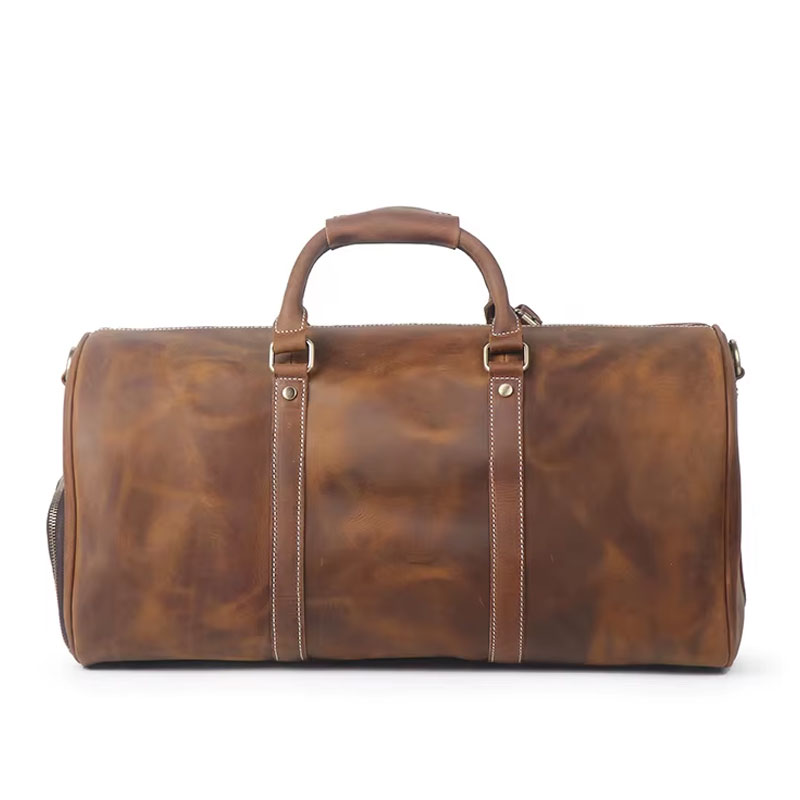 Sac De Voyage Cuir Crazy Horse Poche Chaussures Modele James Cognac Vue Arriere
