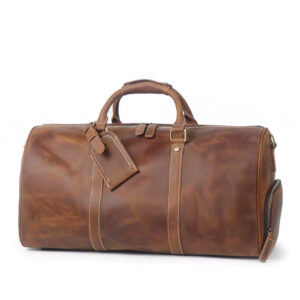 Sac De Voyage Cuir Crazy Horse Poche Chaussures Modele James Cognac Vue Biais