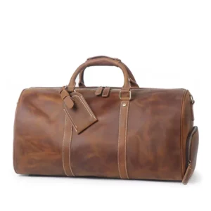 Sac De Voyage Cuir Crazy Horse Poche Chaussures Modele James Cognac Vue Biais