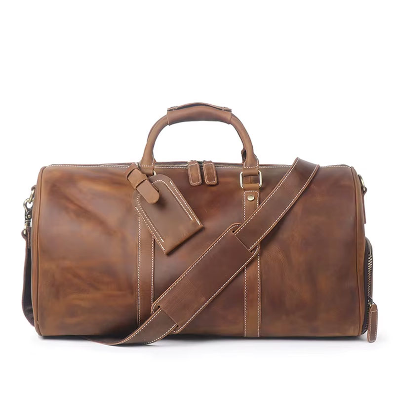 Sac De Voyage Cuir Crazy Horse Poche Chaussures Modele James Cognac