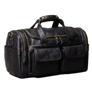 Sac De Voyage Cuir Vachette Vintage Modele Owen Noir Vue Biais Fond Blanc