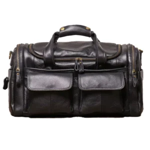 Sac De Voyage Cuir Vachette Vintage Modele Owen Noir Vue Face Fond Blanc