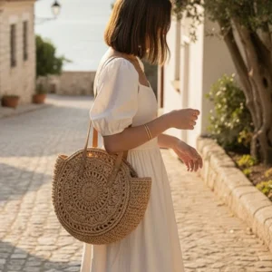 Sac Rond Tresse Raphia Alana Marron Boho Chic