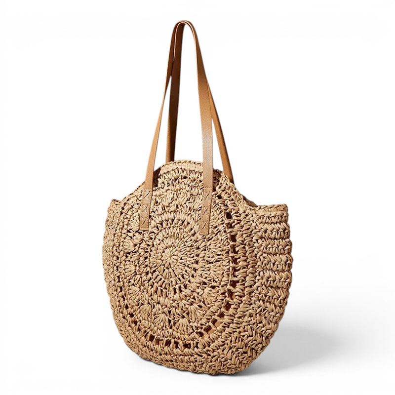 Sac Rond Tresse Raphia Alana Marron Vue Biais