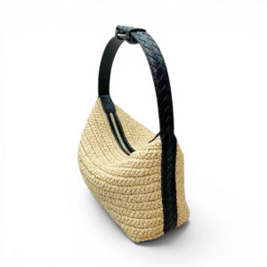 Petit Sac Hobo Raphia Tresse Anse Cuir Wilma Noir Vue Biais
