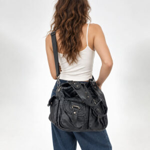 Sac Besace Cours Multi Poches Grunge Port Croise Noir