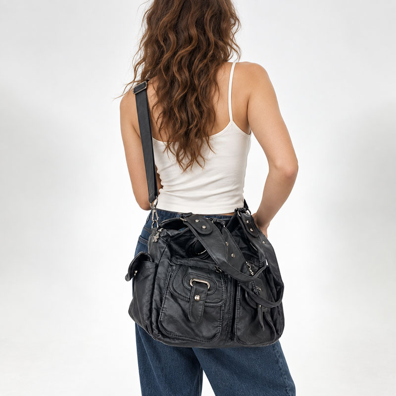 Sac Besace Cours Multi Poches Grunge Port Croise Noir