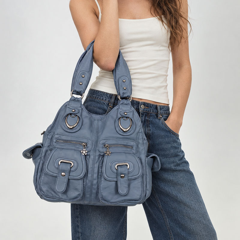 Sac Besace Cours Multi Poches Grunge Port Main Bleu