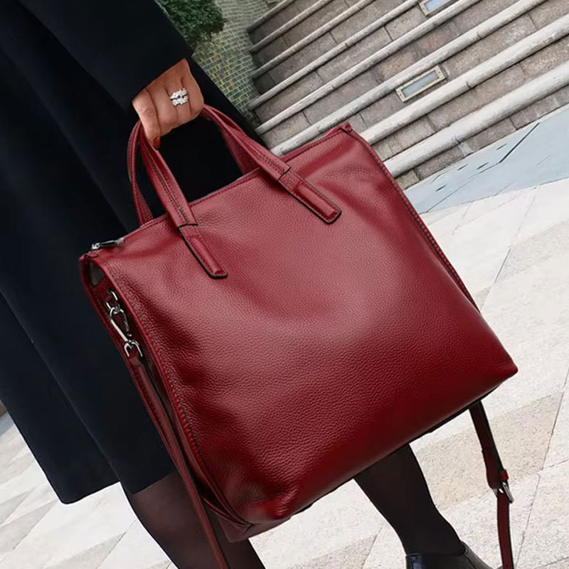 Porte Documents Femme Cabas Cuir Bordeaux Port Main Zoom