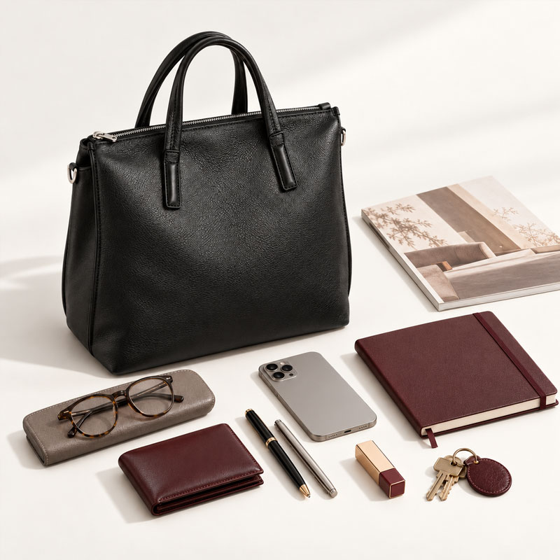 Porte Documents Femme Cabas Cuir Noir Contenance