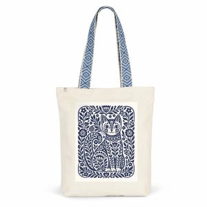 Tote Bag Motif Chat Fleuri Anses Bleues