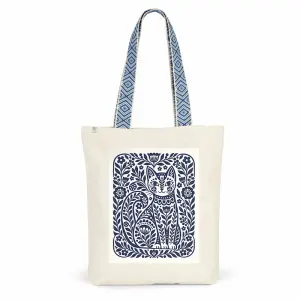 Tote Bag Motif Chat Fleuri Anses Bleues