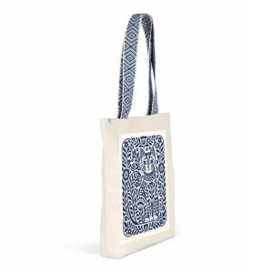 Tote Bag Motif Chat Fleuri Anses Bleues Vue Biais