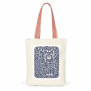 Tote Bag Motif Chat Fleuri Anses Rouges