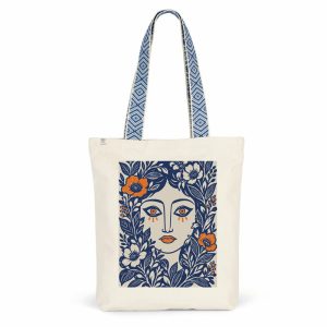 Tote Bag Portrait Fleuri Anses Ethniques Bleues