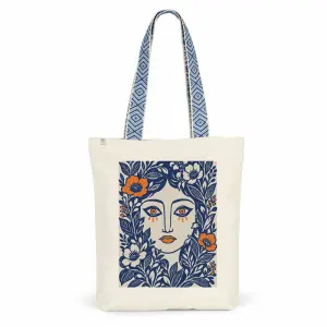 Tote Bag Portrait Fleuri Anses Ethniques Bleues