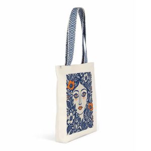 Tote Bag Portrait Fleuri Anses Ethniques Bleues Vue Biais