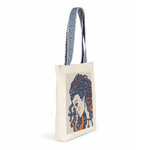 Tote Bag Portrait Meduse Anses Ethniques Bleues Vue Biais
