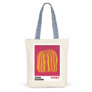 Tote Bag Yayoi Kusama Citrouille Jaune Fond Rose Anses Bleues