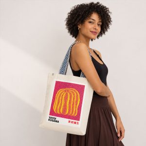 Tote Bag Yayoi Kusama Citrouille Jaune Fond Rose Anses Bleues Port Epaule Ete